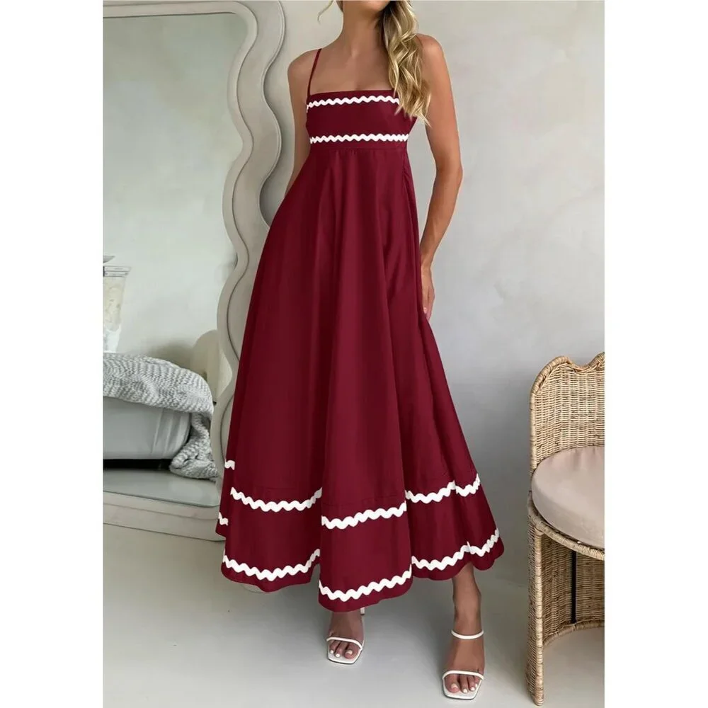 Women's Dark Red Casual Sleeveless Spaghetti Strap Ruffle Beach Maxi Dress